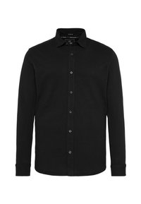 Zwarte, langmouwige shirt van gladde stof, met een button-down voorkant, kraag en manchetten met één knoop. Eenvoudig ontwerp zonder patronen.