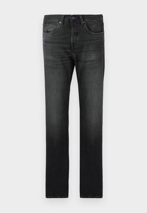 Jeans de mezclilla negra con un diseño de pierna recta. Presentan acentos morados en la cinturilla y los bolsillos, con un acabado deslavado en la tela.