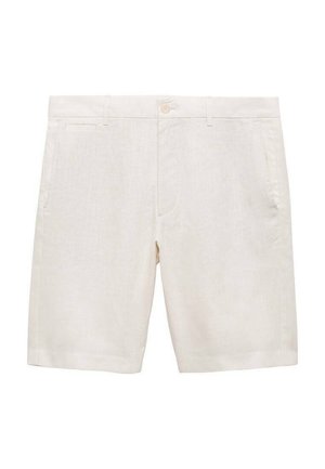 Light beige linen shorts with a flat front, two side pockets, and a single button closure, featuring a smooth texture and tailored design.