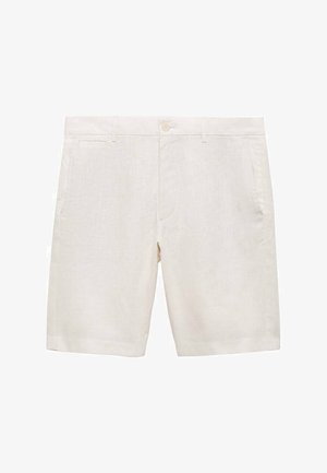 Helle beigefarbene Leinen-Shorts mit flachem Bund, zwei seitlichen Taschen und einem einzelnen Knopfverschluss, die über eine glatte Textur und ein tailliertes Design verfügt.