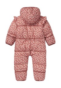 Ett vadderat overall i rosa med blommönster, med huva, volanger på axlarna och resår i midjan och ärmsluten för en tät passform.