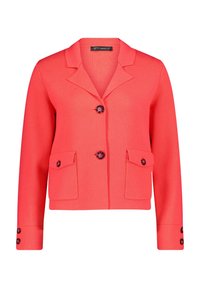 Blazer corail en tissu texturé, avec un col cranté, trois boutons et deux poches avant. Détails de boutons sur les manches.