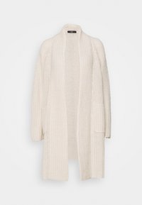 Lång, öppen framskjortad kofta i texturerat krämfärgat stickat tyg med två framfickor och en mjuk, avslappnad passform. Ingen knäppning, långa ärmar.