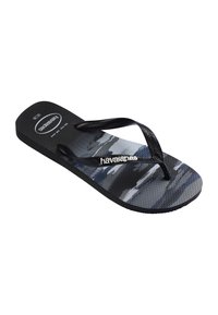 Tongs Havaianas à motif noir et gris avec des brides noires texturées et un logo blanc sur la bride et la semelle.