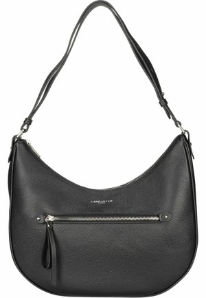 Borsa a spalla in pelle nera con superficie texture, forma curva, tasca con zip sul davanti e spallacci regolabili per un trasporto sicuro.