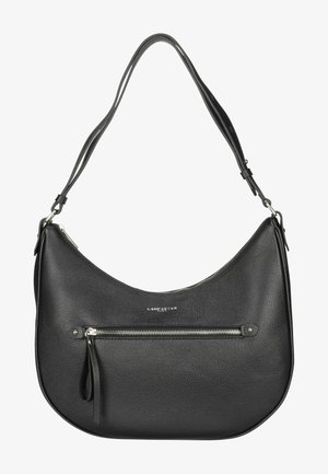 Borsa a spalla in pelle nera con superficie texture, forma curva, tasca con zip sul davanti e spallacci regolabili per un trasporto sicuro.