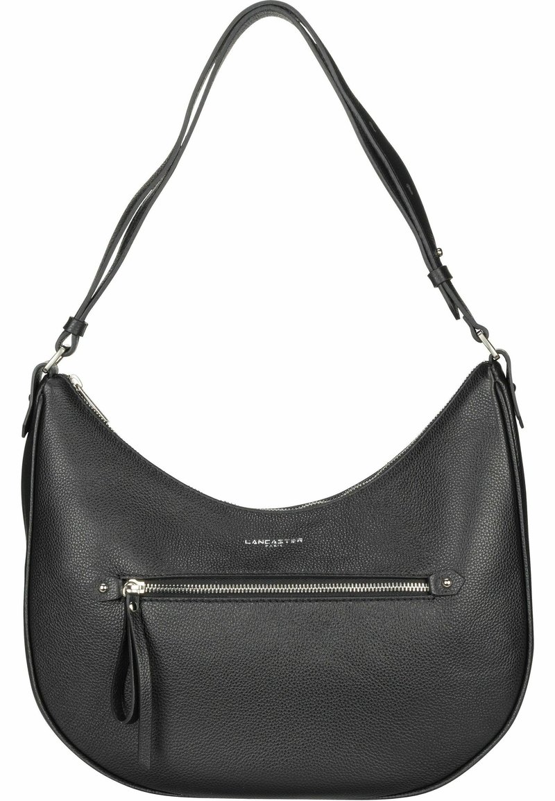 Sac à bandoulière en cuir noir avec une surface texturée, une forme incurvée, une poche zippée à l'avant et des sangles ajustables pour un port sécurisé.