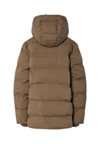 Chaqueta acolchada marrón con capucha, con un diseño acolchado y costuras visibles. La tela tiene una textura suave y está aislada para mantener el calor.