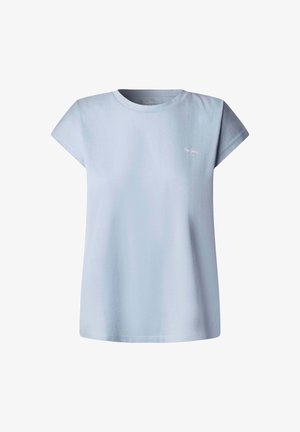 Hele sinine puuvillane lühikeste varrukatega T-särk ümara kaelusega. Rinnal on väike valge logo. Sile tekstuur ja lõdvestunud istuvus.