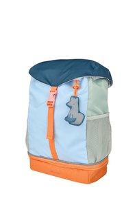 Multi-colored children's backpack with a blue top, orange accents, and a fox design. Made of fabric and mesh, featuring a zipper closure.