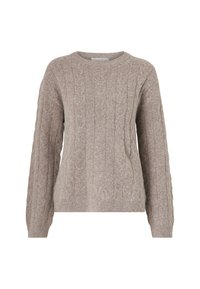 Beżowy sweter z dzianiny, okrągły dekolt, długie rękawy, wzór w warkocz, fakturowany materiał, ściągacze u dołu i przy rękawach. Brak widocznych ozdób.