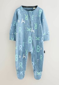 Zila kokvilnas kombinezons ar dažādiem baltiem un piparmētru zaļiem burtiem ģeometriskā rakstā. Ar garām piedurknēm un kāju daļu. Ar rāvējslēdzēju.