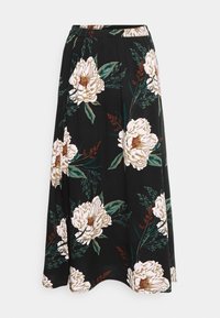 Falda negra con flores grandes en tonos blanco y beige, con peonías y hojas verdes. Cintura elástica, diseño en forma de A, textura de tela suave.