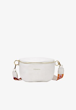 Bolso bandolera de cuero blanco con cremallera dorada, que presenta una correa de patrón colorido y una forma redonda y compacta. Diseñado para un uso versátil.