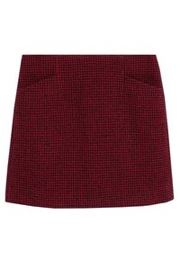 Minigonna rossa con texture, caratterizzata da un motivo a pseudo-tartaruga, con due tasche frontali e una linea dritta.