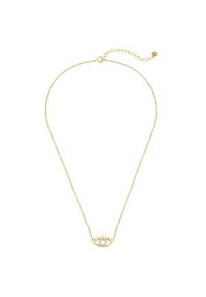Delicata collana a catena in oro con ciondolo a forma di occhio con una gemma bianca centrale e piccoli dettagli intorno.
