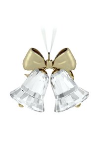 Szklane dzwoneczki z złotą kokardą, o fasetowanym wzorze. Przezroczysta faktura z błyszczącymi powierzchniami i zawieszoną wstążką.