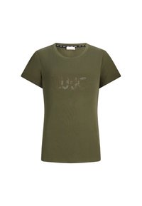 T-shirt verde oliva a maniche corte realizzato in tessuto morbido, caratterizzato da un logo in strass scintillanti sul petto. Collo rotondo, vestibilità casual.