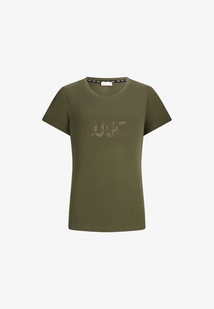 T-shirt verde oliva a maniche corte realizzato in tessuto morbido, caratterizzato da un logo in strass scintillanti sul petto. Collo rotondo, vestibilità casual.
