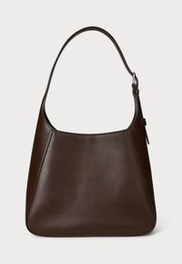 Brown leather shoulder bag with a smooth texture, semi-structured design, and a single strap. Features a subtle logo at the base.