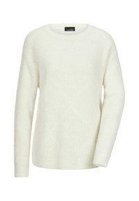 Cremfarbener, gestrickter Pullover mit einem strukturierten Rautenmuster, Rundhalsausschnitt und langen Ärmeln. Der Stoff wirkt weich und leicht dick.