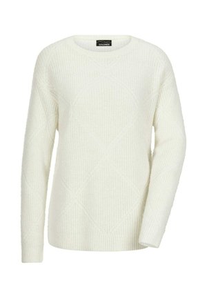 Pull en tricot crème présentant un motif en losanges texturé, un col rond et des manches longues. Le tissu semble doux et légèrement épais.