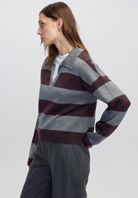 Gestreepte pullover in donkerrood en grijs, met een kraag, gedeeltelijke knoopsluiting en lange mouwen. Zacht, getextureerd breigoed.