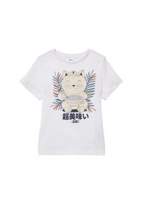 Witte katoenen T-shirt met een grafisch ontwerp van een cartoonkat die een kom noedels vasthoudt, omringd door kleurrijke plantbladeren en Japanse tekst.