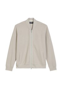 Light beige bomber jacket, zip closure, ribbed cuffs and hem, two side pockets, minimalistic design, cotton blend fabric.