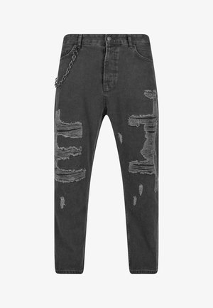 Sorte denim jeans med slidte detaljer, der har frynset sektioner og en metal kædeaccent på siden. Klassisk fem-lommen design.