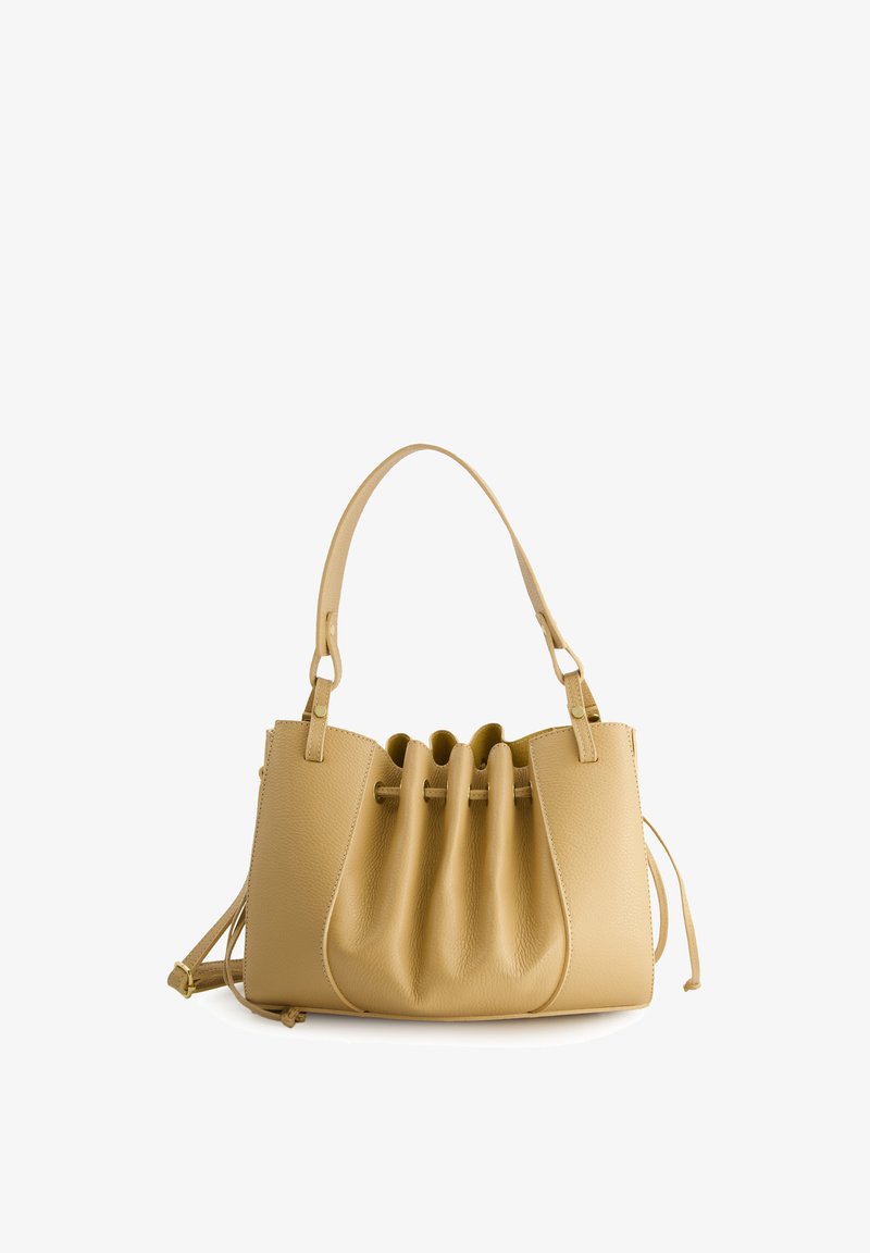 Yellow leather handbag with a gathered pleat design, short handles, and adjustable strap. Smooth texture with minimal hardware accents.
