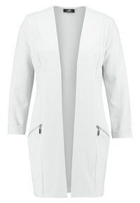 Veste longue blanche avec manches trois-quarts, dotée de poches zippées, d'une texture lisse et d'un design à ouverture frontale.