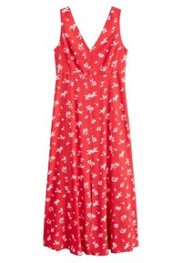 Robe fleurie rouge avec un col en V, des bretelles larges et une taille cintrée. Le tissu présente de petits motifs de fleurs blanches et une jupe fluide.