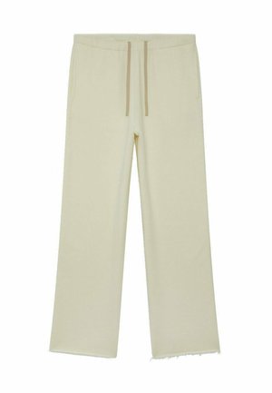 Pantalones beige de pierna ancha con cintura elástica y cordón, con dobladillos sin rematar.