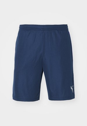Marineblaue Sportshorts aus leichtem Stoff, mit einem elastischen Taillenbund und einem weißen Logopunkt auf dem unteren rechten Bein.