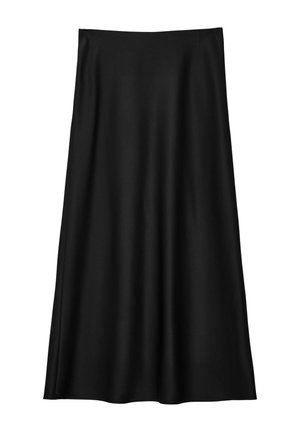 Jupe midi noire en A avec un tissu lisse et une taille simple, sans motifs ni embellissements visibles.