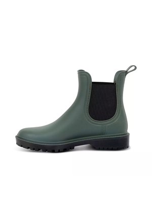 Botte de pluie verte mate à la cheville avec panneau latéral élastique noir, languette à l'arrière et semelle noire robuste pour une bonne traction.