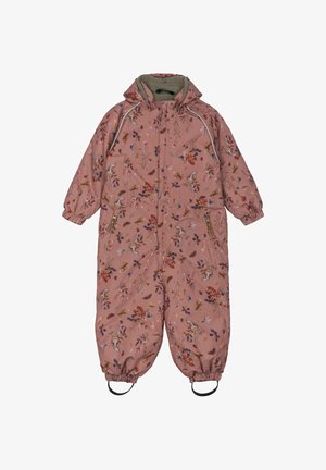 Rosa floraler Schneeanzug mit Kapuze, Reißverschluss vorne, zwei Reißverschlusstaschen, elastischen Bündchen und Knöcheln, ausgestattet mit einer weichen Innenauskleidung und dekorativen Prints.