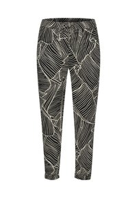 Schwarze Hose mit einem weißen Blättermuster, ausgestattet mit einem elastischen Bund und gerafften Bündchen. Hergestellt aus leichtem Stoff mit glatter Textur.