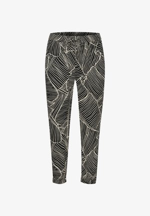 Pantalon noir avec un motif de feuilles blanches, doté d'une taille élastique et de poignets froncés. Fabriqué en tissu léger avec une texture lisse.