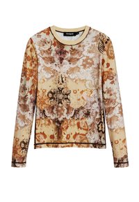 Langarmoberteil mit floralem Muster in Beige-, Braun- und Orangetönen. Hergestellt aus weichem Stoff mit runder Ausschnittform und kontrastierendem Saum.