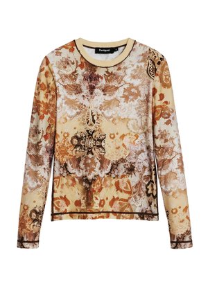 Langarmoberteil mit floralem Muster in Beige-, Braun- und Orangetönen. Hergestellt aus weichem Stoff mit runder Ausschnittform und kontrastierendem Saum.
