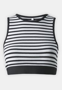 Black and white striped cropped tank top with a ribbed texture, featuring a black band at the hem and a round neckline.