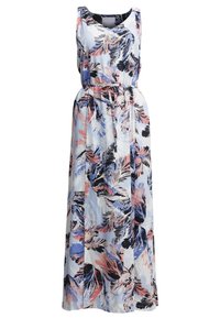 Robe longue sans manches avec un motif floral multicolore dans des tons de bleu, rose, noir et blanc, avec une ceinture à nouer à la taille.
