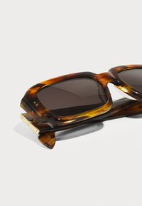 Gafas de sol de carey con lentes rectangulares, con un acabado brillante y detalles en tono dorado en las bisagras.