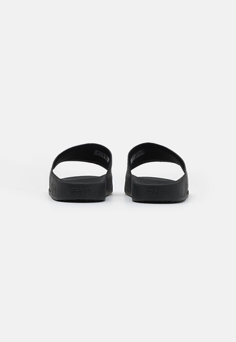 Black sandals with a textured sole and a wide upper strap, featuring a minimalist design. No embellishments or patterns visible.