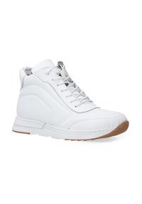 Weißer High-Top-Sneaker mit strukturiertem Synthetik-Obermaterial, Schnürung auf der Vorderseite, Gummisohle und gumfarbenem outsole. Verfügt über gestickte Akzente.