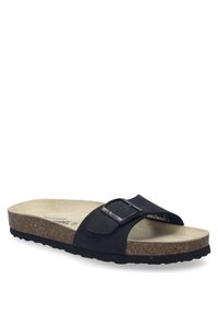 Chancla negra con una sola correa, hebilla ajustable, plantilla de corcho y suela de goma texturizada. Presenta una plantilla de color beige neutro y un diseño minimalista.