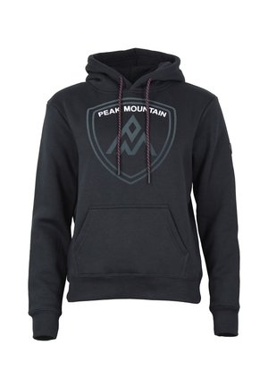 Sweat à capuche noir avec poche kangourou à l'avant, cordons roses et noirs, et logo "Peak Mountain" avec un motif de montagne sur la poitrine.