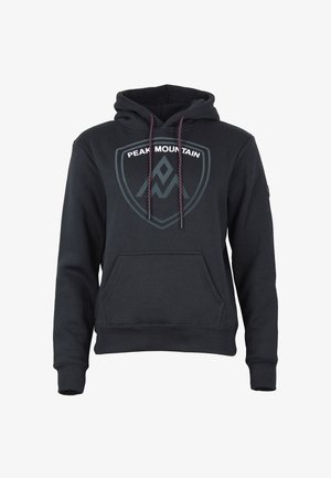 Sweat à capuche noir avec poche kangourou à l'avant, cordons roses et noirs, et logo "Peak Mountain" avec un motif de montagne sur la poitrine.